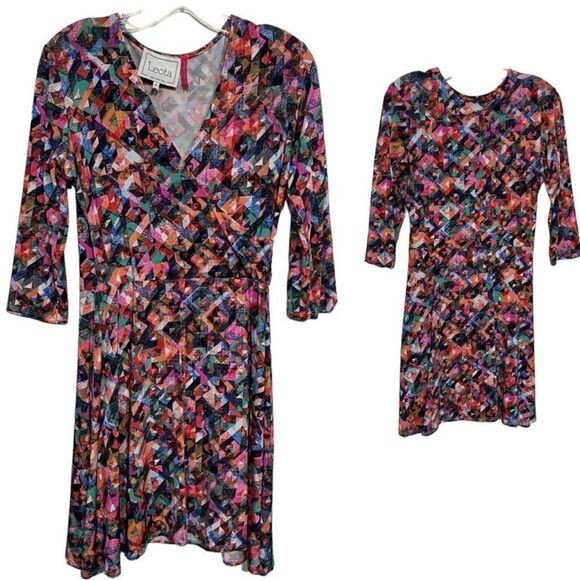 Leota Handmade Colorful Faux-Wrap Abstract Purple/Pink Fit and Flare Midi Dress - Picture 6 of 8